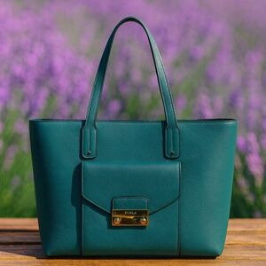 NEW FURLA Julia Malachite Green Pebbled Leather Large Tote Bag - Made in Italy